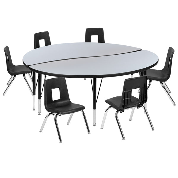 Grey |#| 60inch Circle Wave Activity Table Set with 14inch Student Stack Chairs, Grey/Black