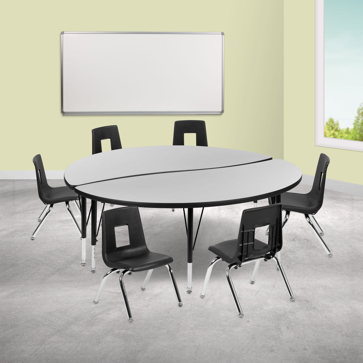 Grey |#| 60inch Circle Wave Activity Table Set with 14inch Student Stack Chairs, Grey/Black