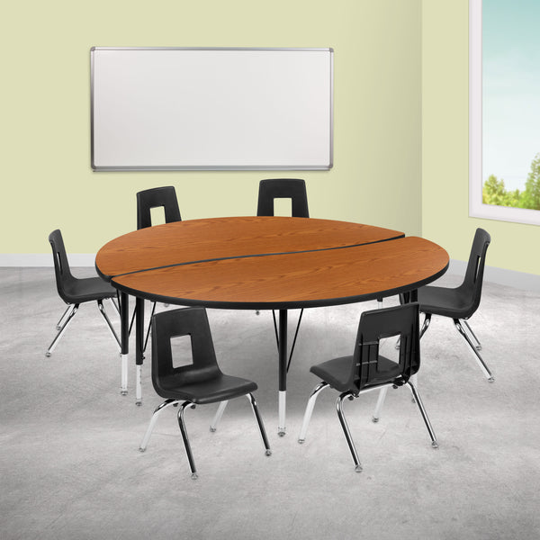 Oak |#| 60inch Circle Wave Activity Table Set with 14inch Student Stack Chairs, Oak/Black