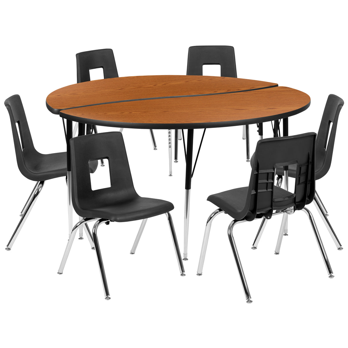 Oak |#| 60inch Circle Wave Activity Table Set with 18inch Student Stack Chairs, Oak/Black