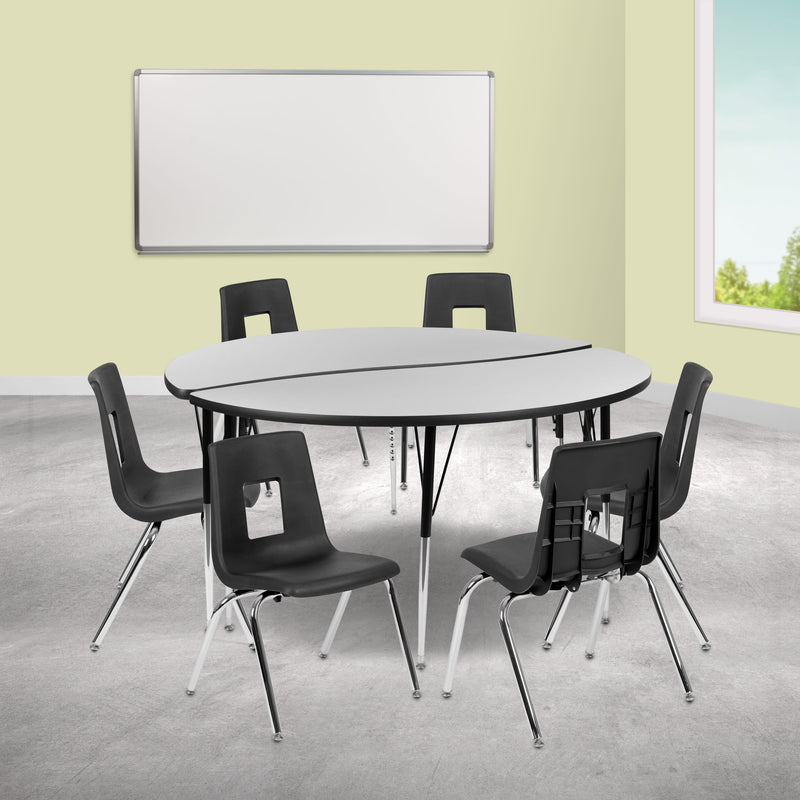 Grey |#| 60inch Circle Wave Activity Table Set with 18inch Student Stack Chairs, Grey/Black
