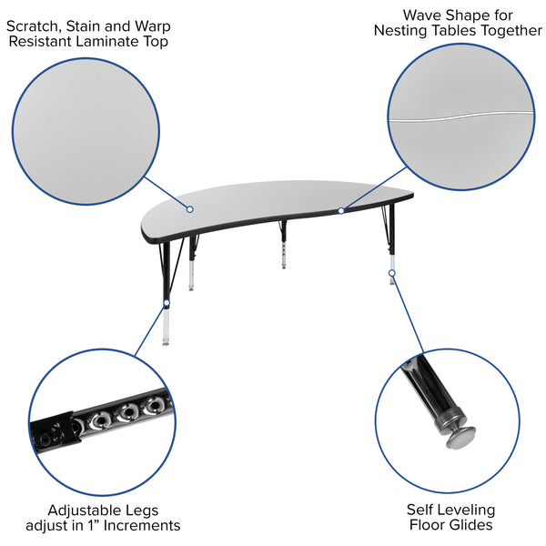 Grey |#| 60inch Half Circle Wave Collaborative Grey Kids Adjustable Height Activity Table