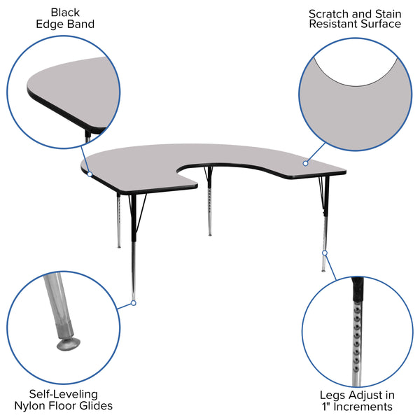 Gray |#| 60inchW x 66inchL Horseshoe Grey Thermal Laminate Adjustable Activity Table