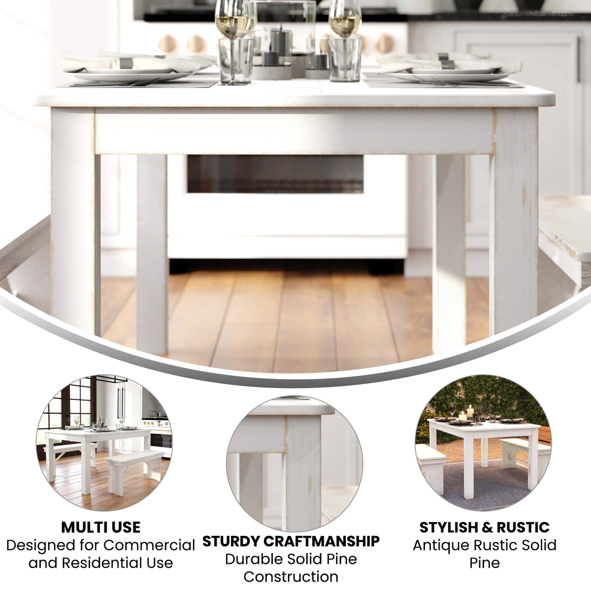 Antique Rustic White |#| 60" x 38" Rectangular Antique Rustic White Solid Pine Farm Dining Table