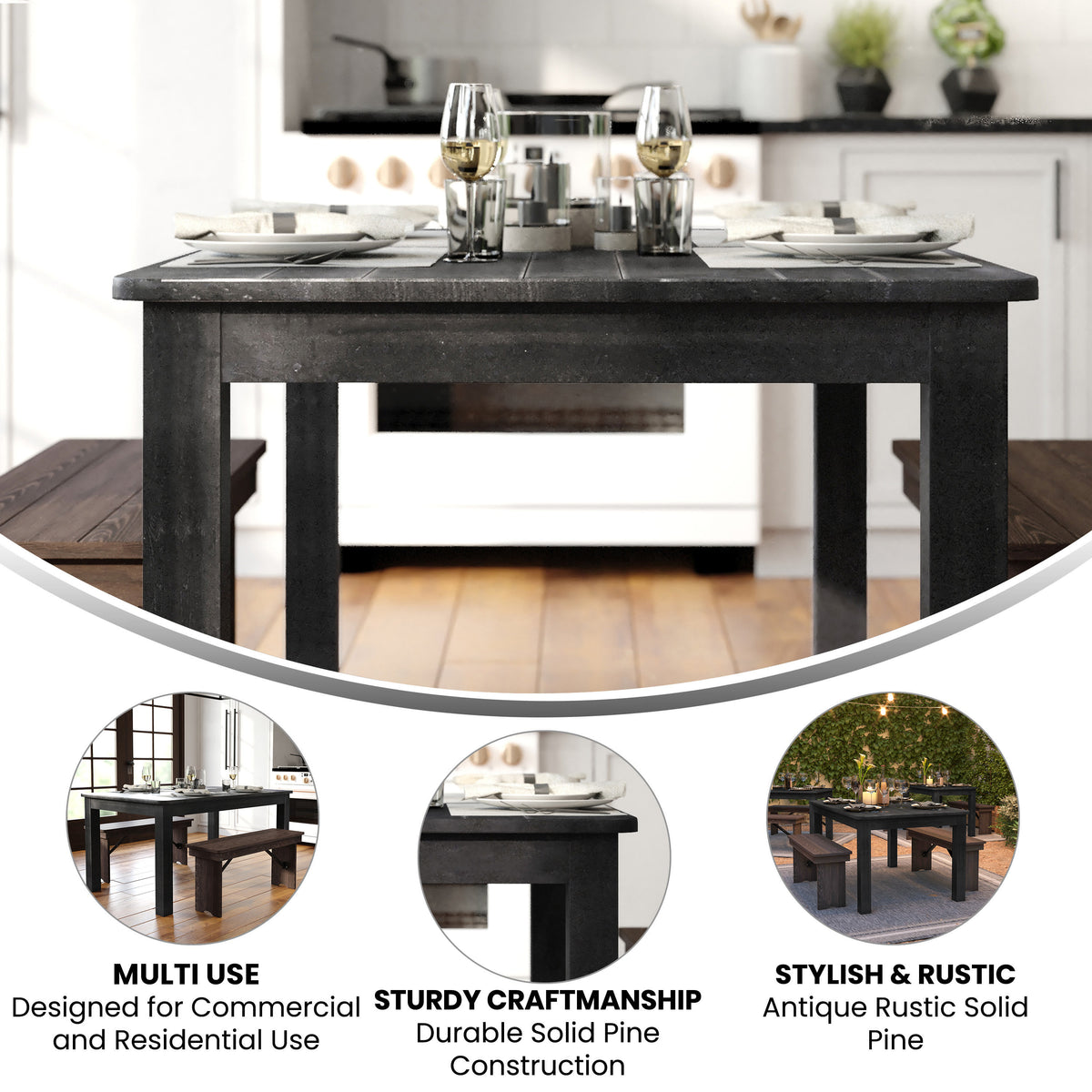 Black Wash |#| 60" x 38" Rectangular Black Wash Solid Pine Farm Dining Table