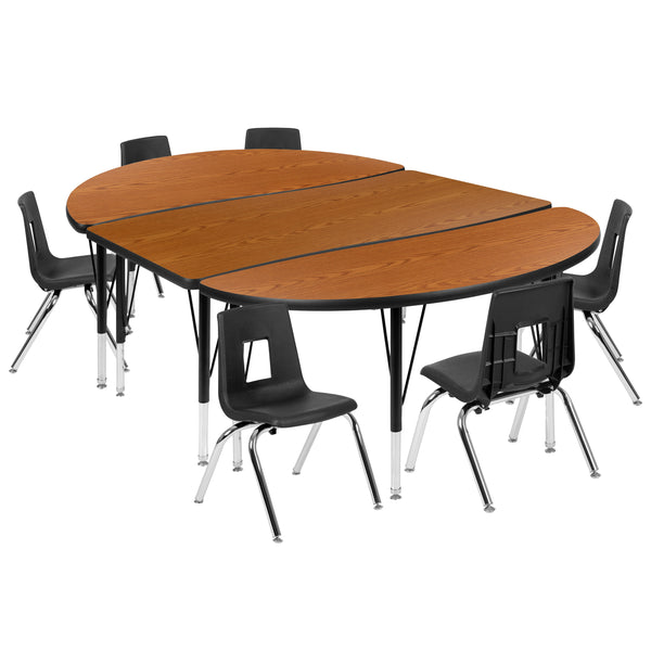 Oak |#| 76inch Oval Wave Activity Table Set with 12inch Student Stack Chairs, Oak/Black
