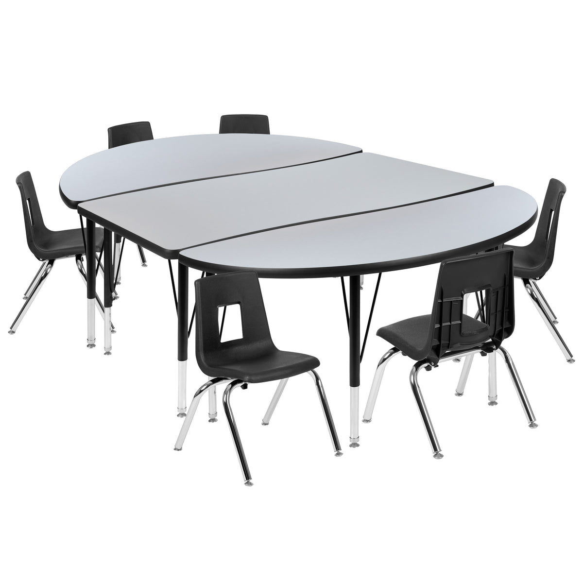 Grey |#| 76inch Oval Wave Activity Table Set with 12inch Student Stack Chairs, Grey/Black
