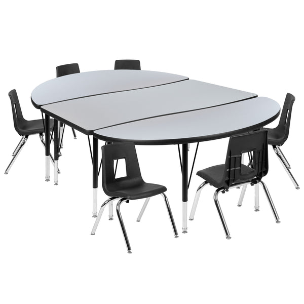 Grey |#| 76inch Oval Wave Activity Table Set with 12inch Student Stack Chairs, Grey/Black