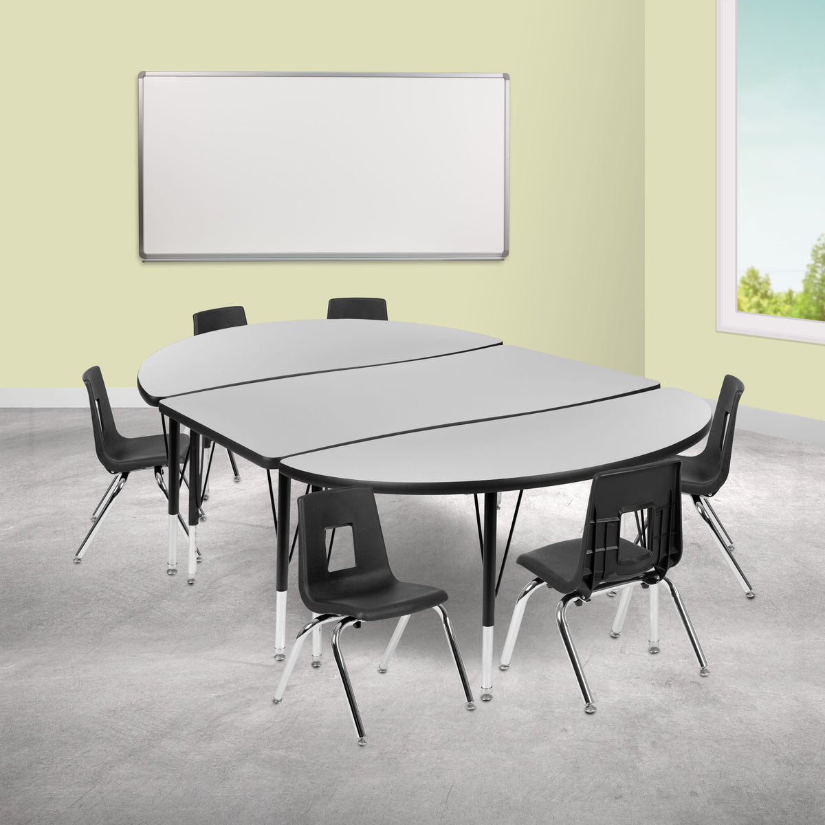 Grey |#| 76inch Oval Wave Activity Table Set with 12inch Student Stack Chairs, Grey/Black