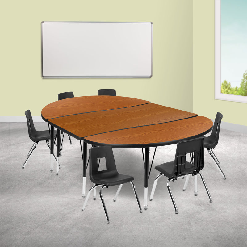 Oak |#| 76inch Oval Wave Activity Table Set with 12inch Student Stack Chairs, Oak/Black