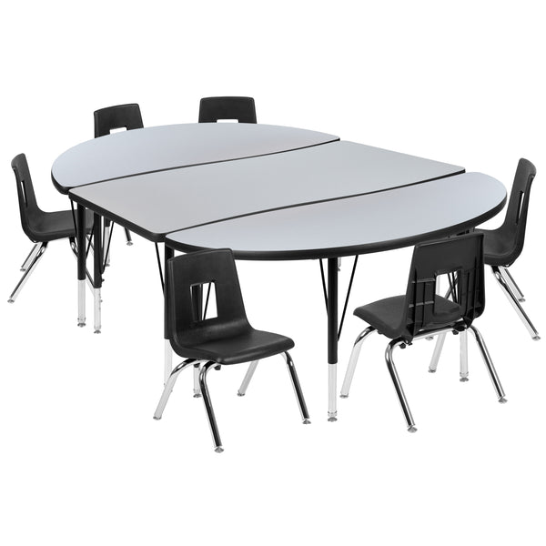 Grey |#| 76inch Oval Wave Activity Table Set with 14inch Student Stack Chairs, Grey/Black