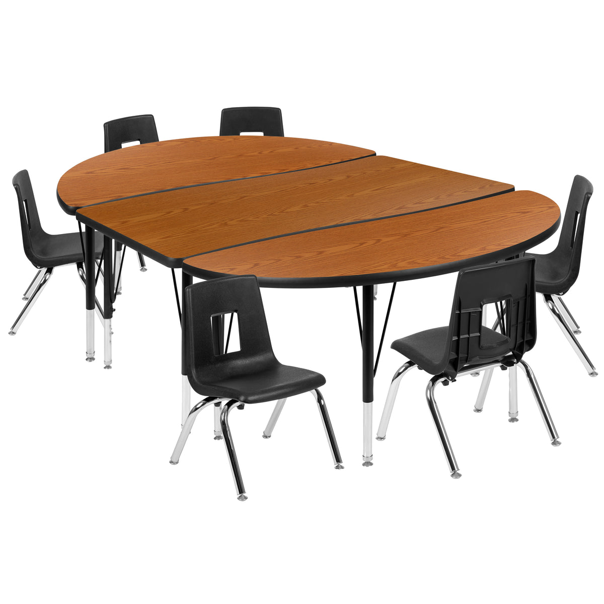 Oak |#| 76inch Oval Wave Activity Table Set with 14inch Student Stack Chairs, Oak/Black