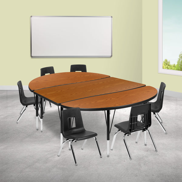 Oak |#| 76inch Oval Wave Activity Table Set with 14inch Student Stack Chairs, Oak/Black