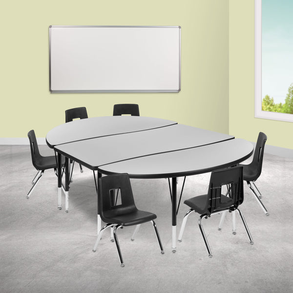 Grey |#| 76inch Oval Wave Activity Table Set with 14inch Student Stack Chairs, Grey/Black