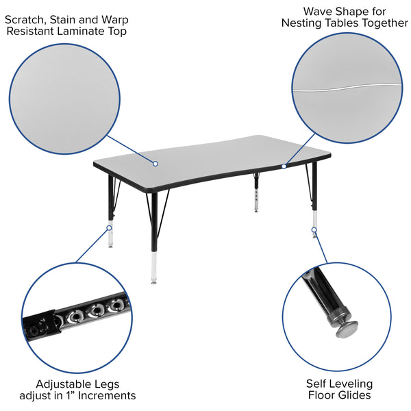 Grey |#| 76inch Oval Wave Activity Table Set with 14inch Student Stack Chairs, Grey/Black