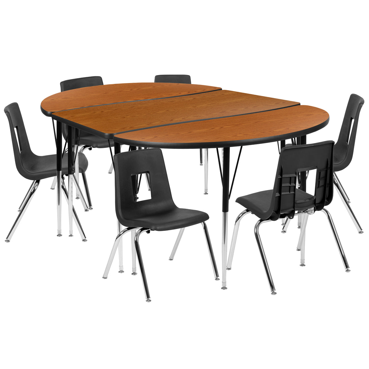 Oak |#| 76inch Oval Wave Activity Table Set with 16inch Student Stack Chairs, Oak/Black