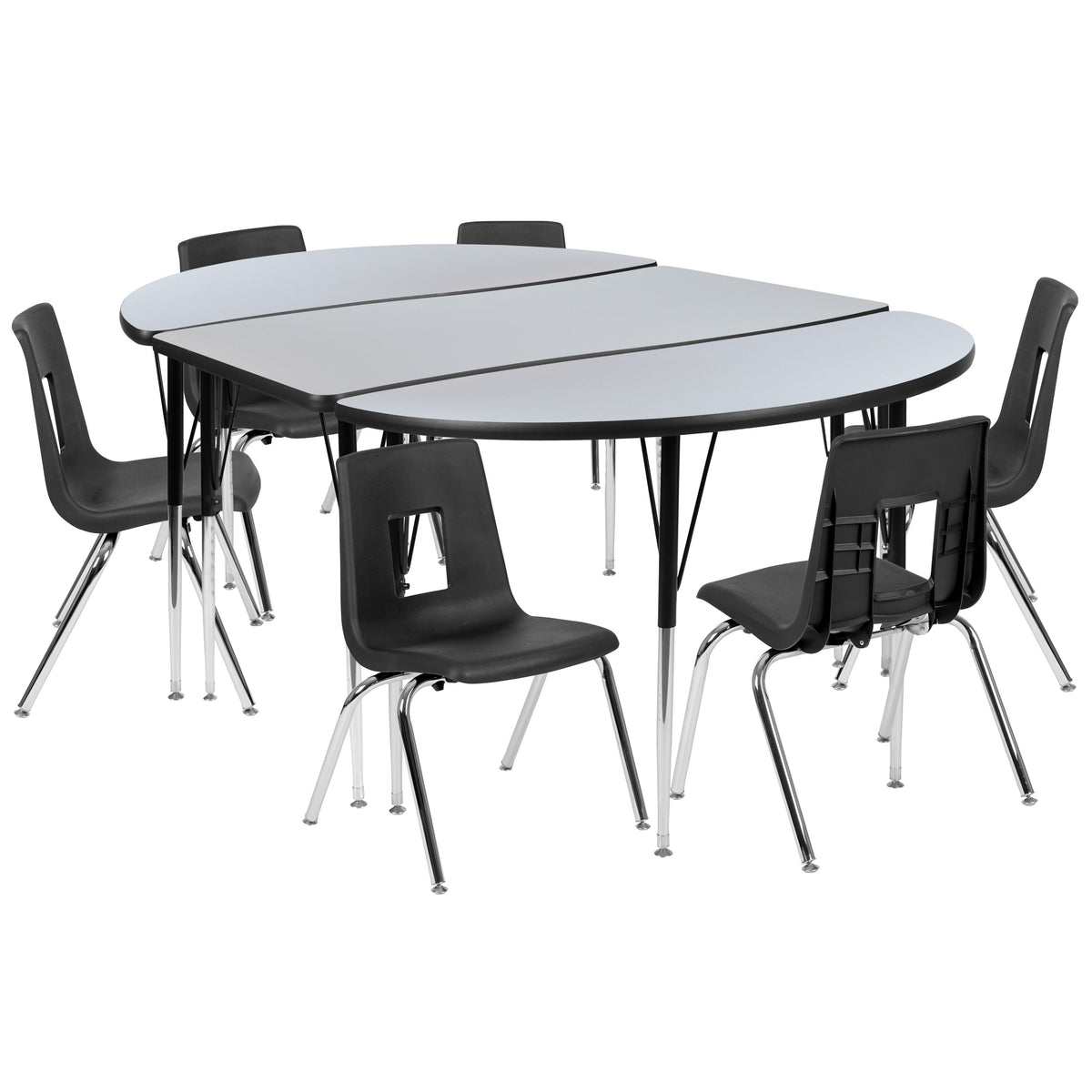 Grey |#| 76inch Oval Wave Activity Table Set with 16inch Student Stack Chairs, Grey/Black