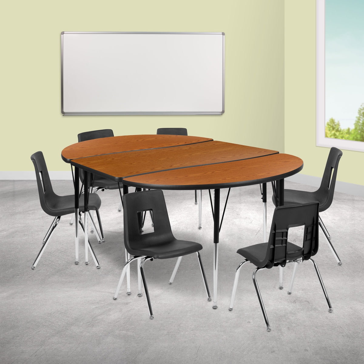 Oak |#| 76inch Oval Wave Activity Table Set with 16inch Student Stack Chairs, Oak/Black