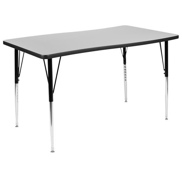 Grey |#| 76inch Oval Wave Activity Table Set with 16inch Student Stack Chairs, Grey/Black