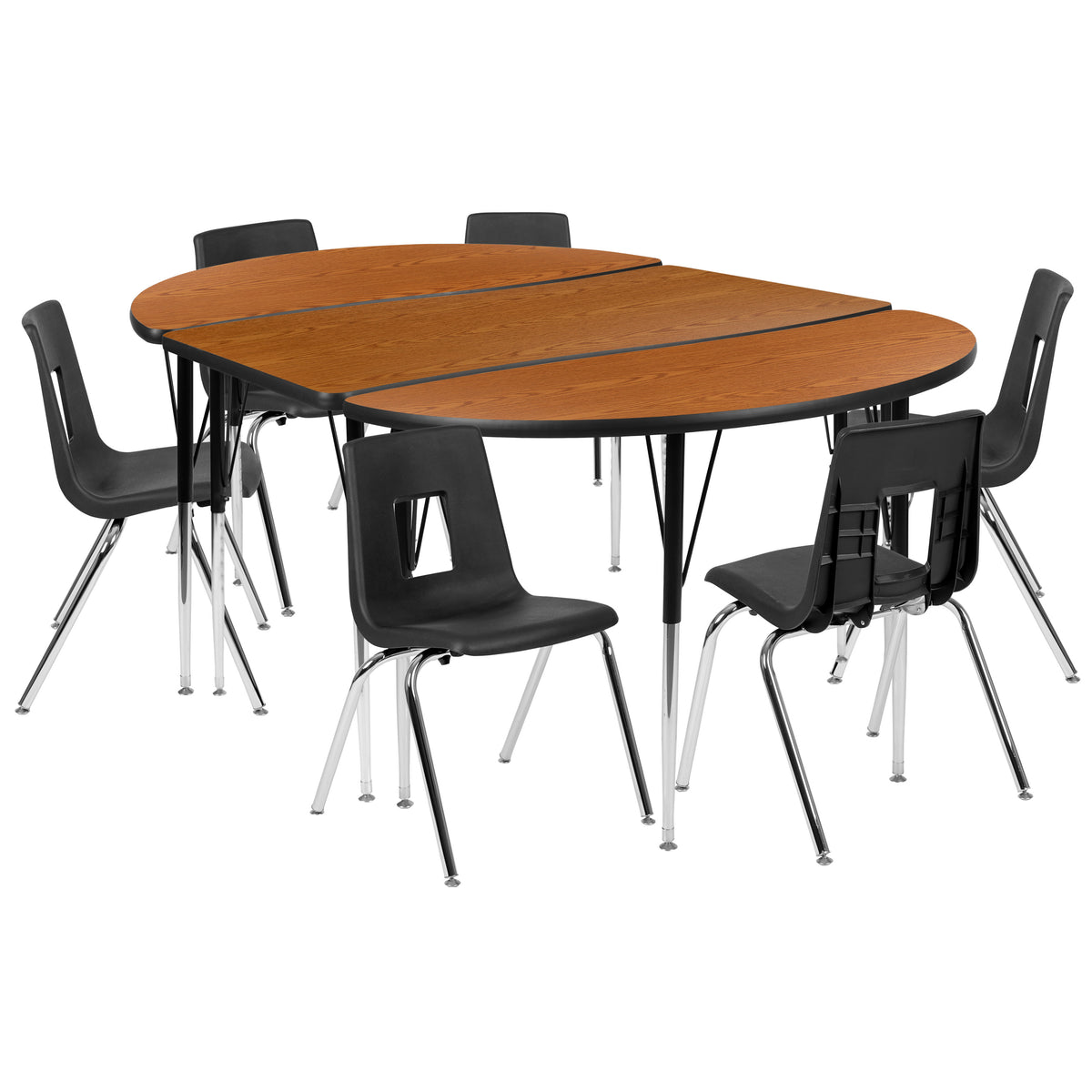 Oak |#| 76inch Oval Wave Activity Table Set with 18inch Student Stack Chairs, Oak/Black