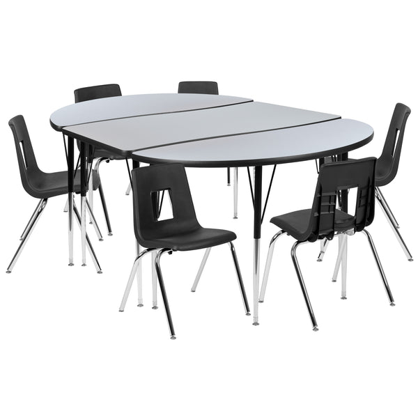 Grey |#| 76inch Oval Wave Activity Table Set with 18inch Student Stack Chairs, Grey/Black