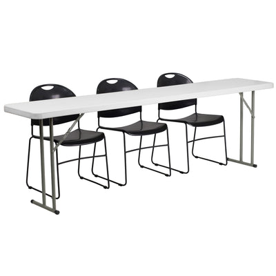 8-Foot Plastic Folding Training Table Set with 3 Black Plastic Stack Chairs - View 1
