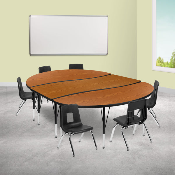 Oak |#| 86inch Oval Wave Activity Table Set with 12inch Student Stack Chairs, Oak/Black