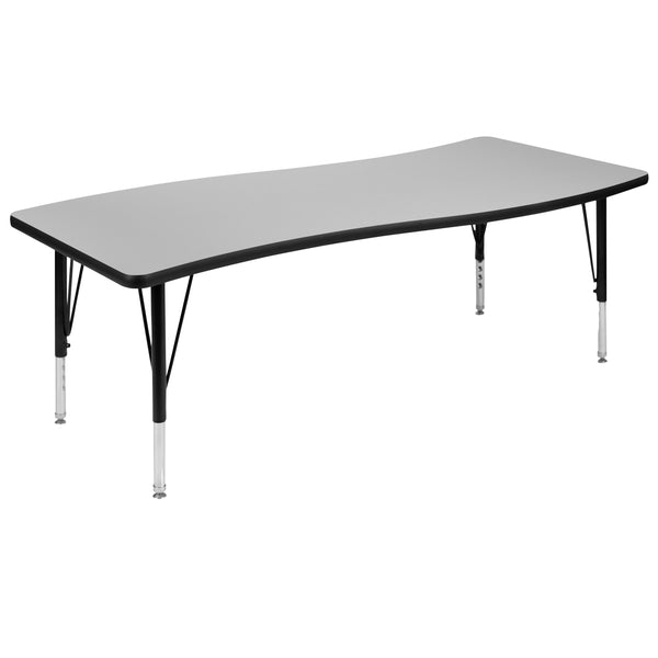 Grey |#| 86inch Oval Wave Activity Table Set with 14inch Student Stack Chairs, Grey/Black