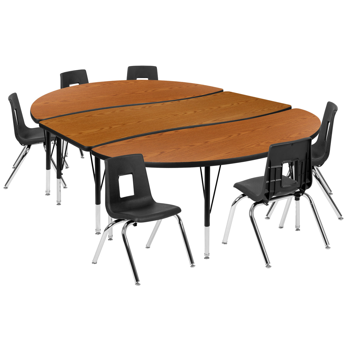 Oak |#| 86inch Oval Wave Activity Table Set with 14inch Student Stack Chairs, Oak/Black