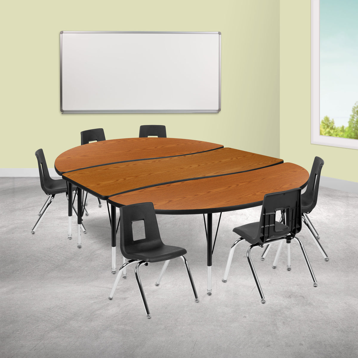 Oak |#| 86inch Oval Wave Activity Table Set with 14inch Student Stack Chairs, Oak/Black