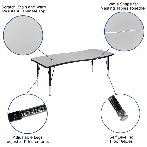 Grey |#| 86inch Oval Wave Activity Table Set with 14inch Student Stack Chairs, Grey/Black