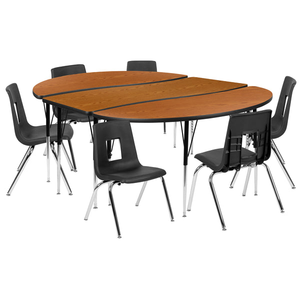 Oak |#| 86inch Oval Wave Activity Table Set with 16inch Student Stack Chairs, Oak/Black