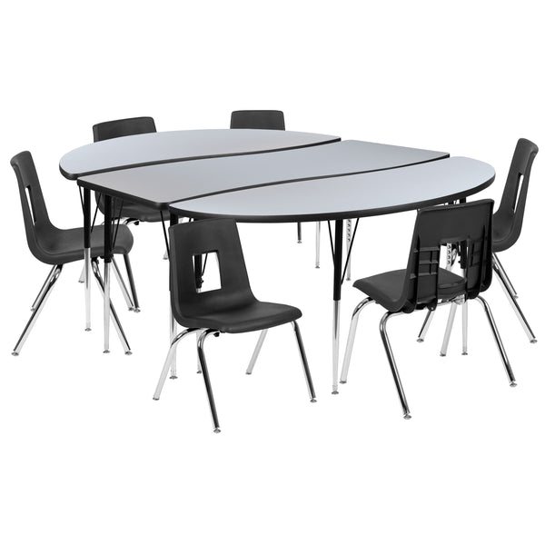 Grey |#| 86inch Oval Wave Activity Table Set with 16inch Student Stack Chairs, Grey/Black