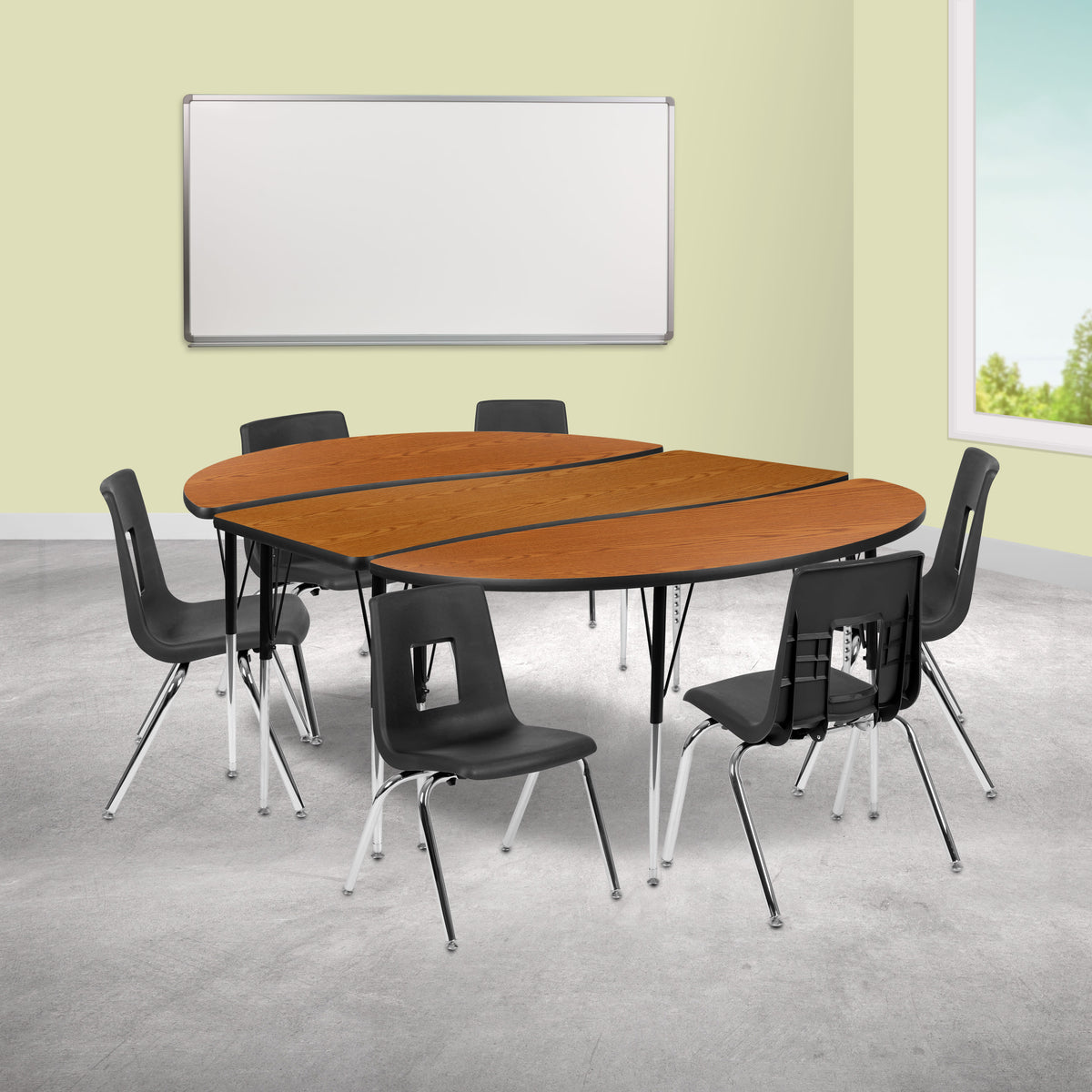 Oak |#| 86inch Oval Wave Activity Table Set with 16inch Student Stack Chairs, Oak/Black