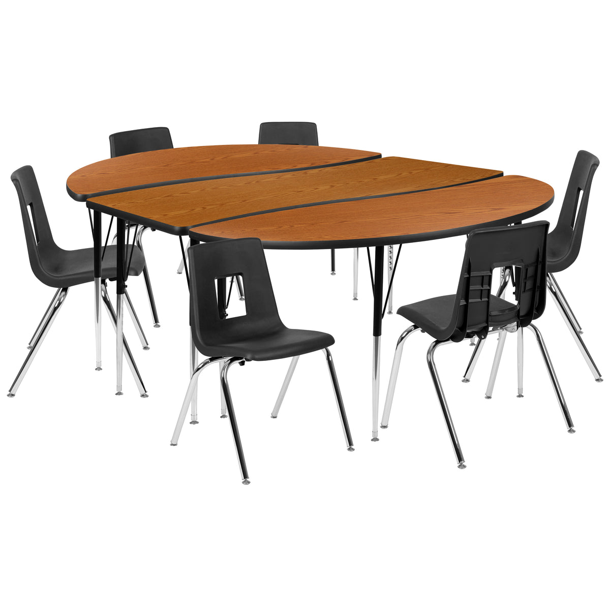 Oak |#| 86inch Oval Wave Activity Table Set with 18inch Student Stack Chairs, Oak/Black
