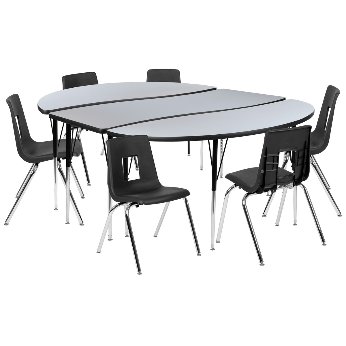 Grey |#| 86inch Oval Wave Activity Table Set with 18inch Student Stack Chairs, Grey/Black