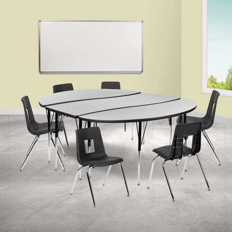 Grey |#| 86inch Oval Wave Activity Table Set with 18inch Student Stack Chairs, Grey/Black