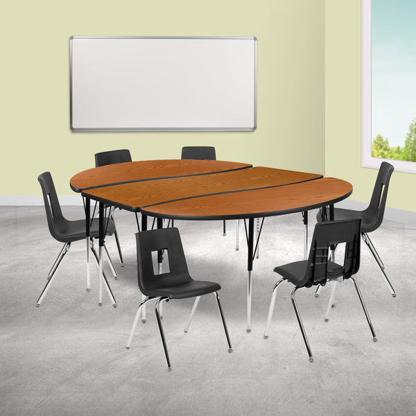 Oak |#| 86inch Oval Wave Activity Table Set with 18inch Student Stack Chairs, Oak/Black