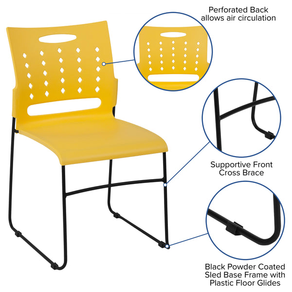 Yellow |#| 881 lb. Capacity Yellow Sled Base Stack Chair with Carry Handle & Air-Vent Back