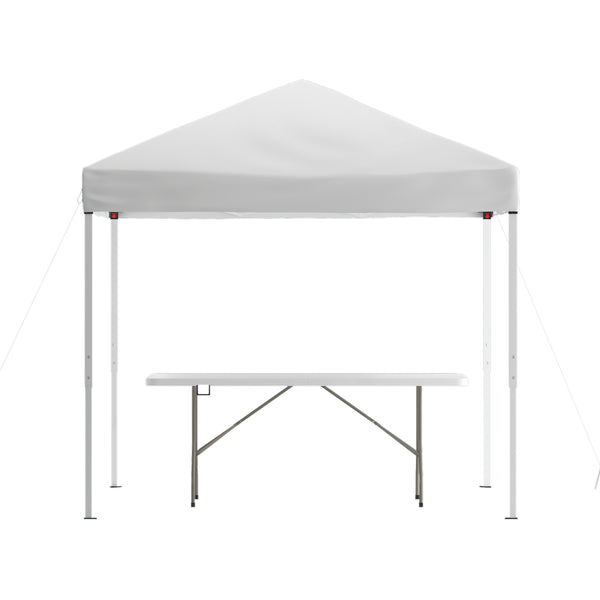 White |#| 8' x 8' White Pop Up Canopy Tent and 6 Ft. Bi-Fold Table with Carrying Handle