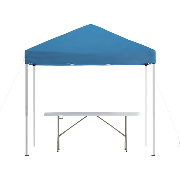 Blue |#| 8' x 8' Blue Pop Up Canopy Tent and 6 Ft. Bi-Fold Table with Carrying Handle
