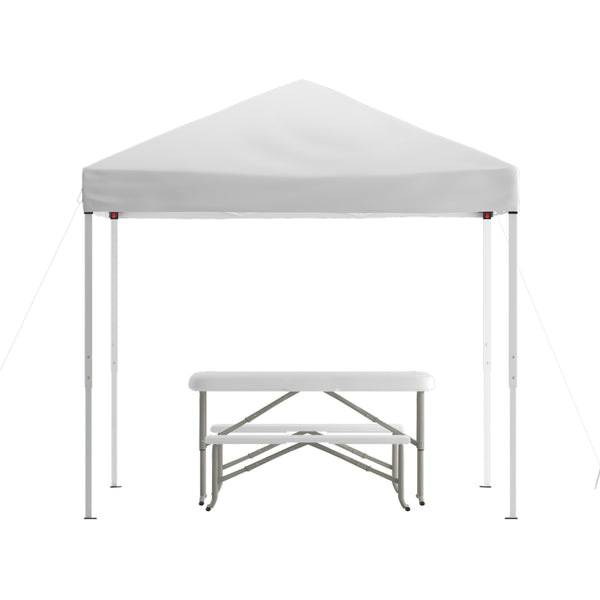 White |#| 8' x 8' White Pop Up Canopy with Carry Bag and Folding Table with Benches Set