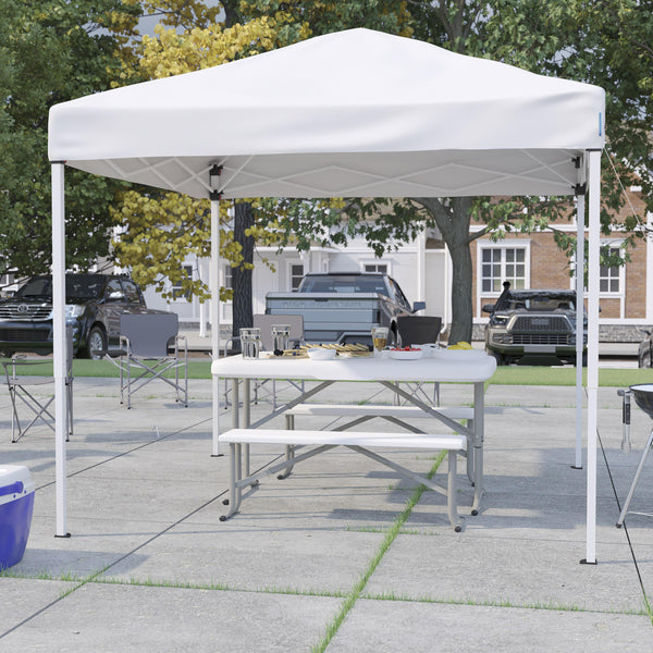 White |#| 8' x 8' White Pop Up Canopy with Carry Bag and Folding Table with Benches Set