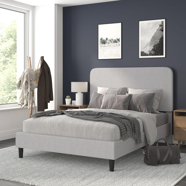 Light Grey,Queen |#| Platform Bed with Headboard-Lt Grey Fabric Upholstery-Queen-No Foundation Needed