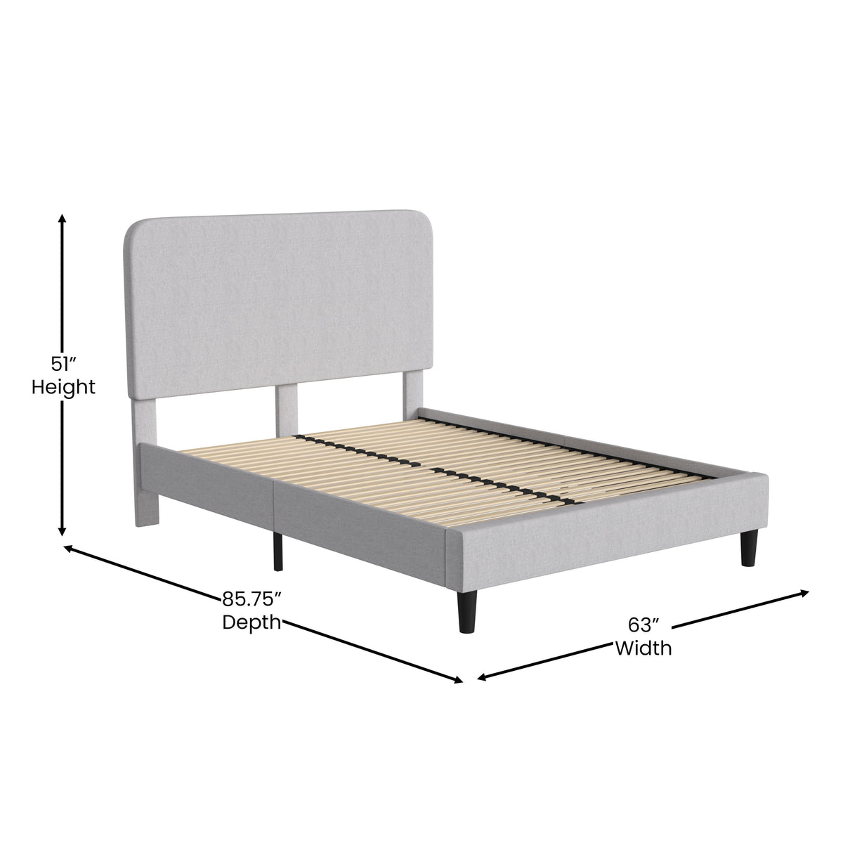 Light Grey,Queen |#| Platform Bed with Headboard-Lt Grey Fabric Upholstery-Queen-No Foundation Needed