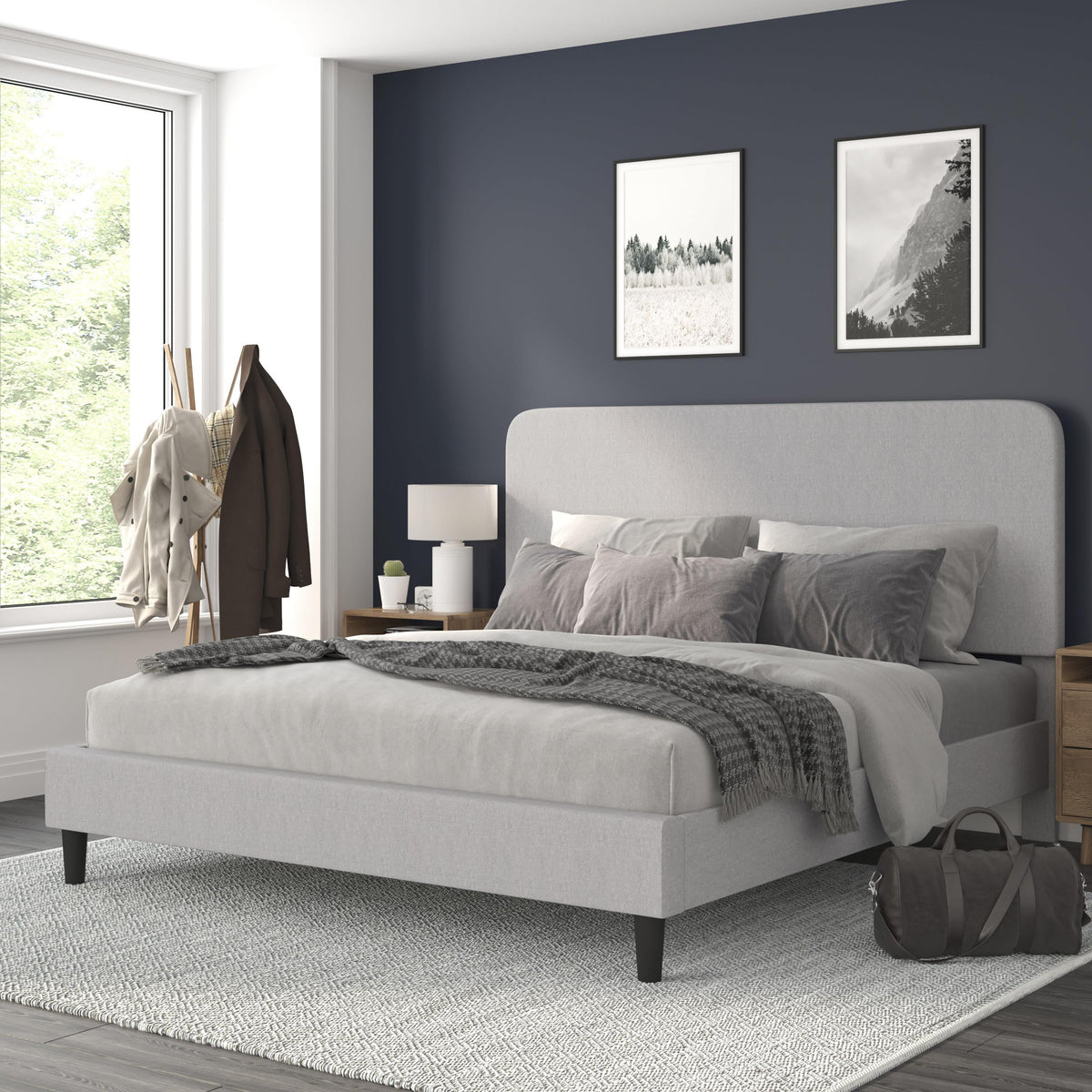 Light Grey,King |#| Platform Bed with Headboard-Lt Grey Fabric Upholstery-King-No Foundation Needed