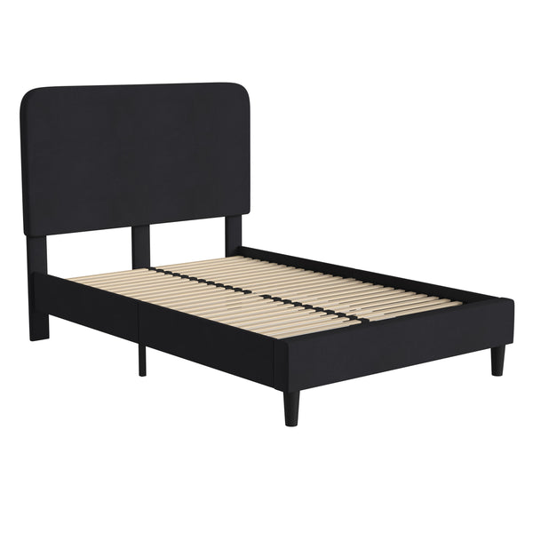 Charcoal,Full |#| Platform Bed with Headboard-Black Fabric Upholstery-Full-No Foundation Needed