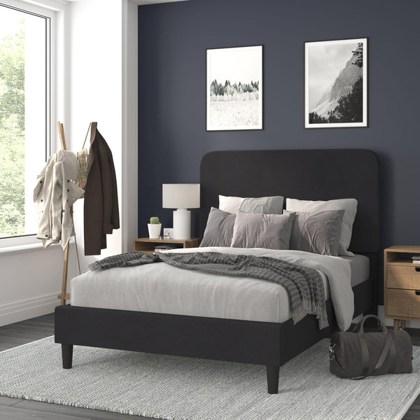 Charcoal,Full |#| Platform Bed with Headboard-Black Fabric Upholstery-Full-No Foundation Needed