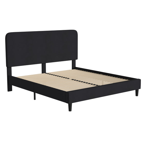 Charcoal,King |#| Platform Bed with Headboard-Black Fabric Upholstery-King-No Foundation Needed