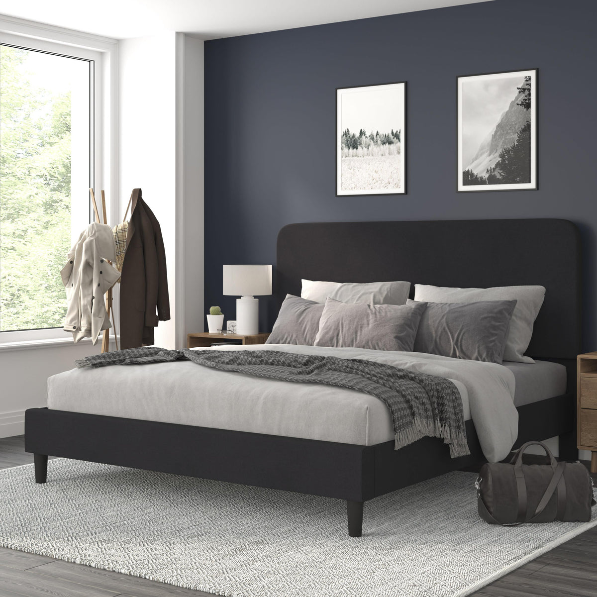 Charcoal,King |#| Platform Bed with Headboard-Black Fabric Upholstery-King-No Foundation Needed